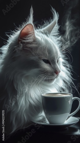 A serene white cat gazes thoughtfully at a steaming cup of tea by the window ...