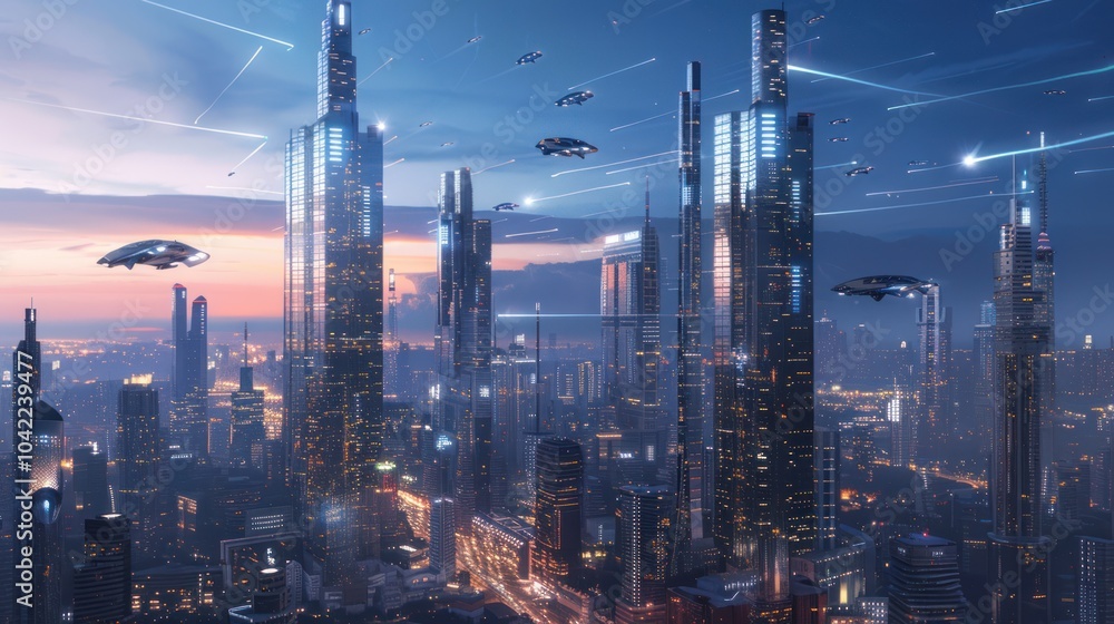 Fototapeta premium Futuristic Cityscape with Flying Cars