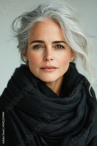 A woman with elegant gray hair wearing a black scarf poses against a neutral ...