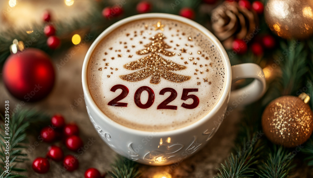 Festive 2025 holiday coffee with christmas tree design“ perfect for seasonal cards and decorations Festive 2025 holiday coffee with christmas tree design“ perfect for seasonal cards and decorations