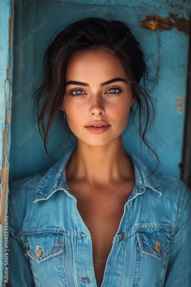 Fototapeta premium A young woman with striking blue eyes poses near a weathered blue wall in natural light