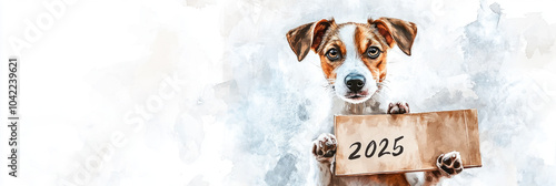 Adorable dog holding 2025 sign - new year greeting card design photo