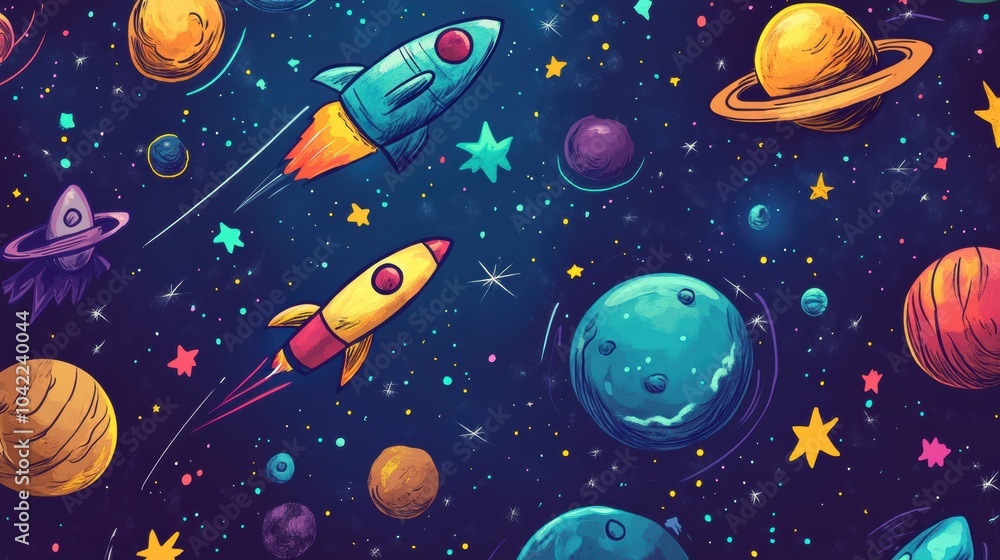 A collection of whimsical cosmic doodles showcases rockets soaring alongside planets, stars, and asteroids in a lively universe. Generative AI A collection of whimsical cosmic doodles showcases rockets soaring alongside planets, stars, and asteroids in a lively universe. Generative AI
