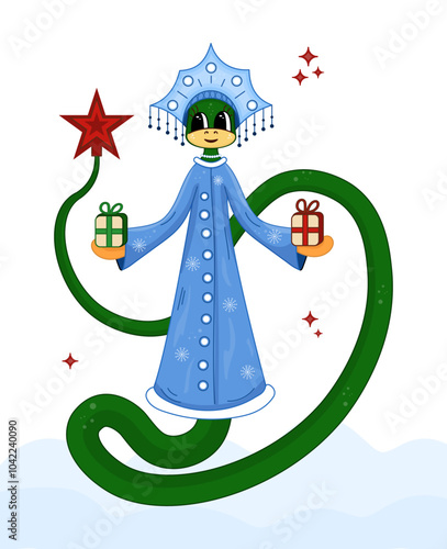 Cute Green snake in a Snow Maiden costume. Vector illustration of 2025 symbol. Snake Snow Maiden in a blue coat and kokoshnik. Design element for New Year and Christmas theme.