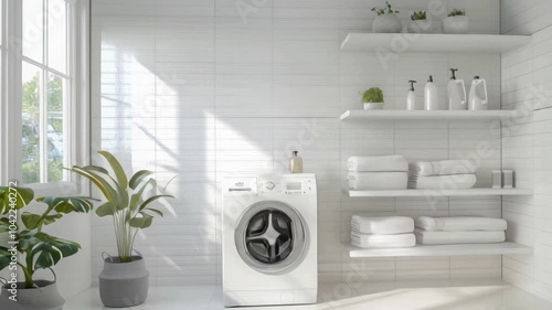 Modern laundry room interior, front-loading washing machine, organized shelves with essentials in background.