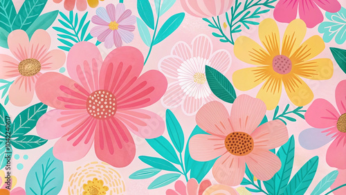 Colorful and playful floral pattern design with large flowers on a light pink background for fabric or wallpaper