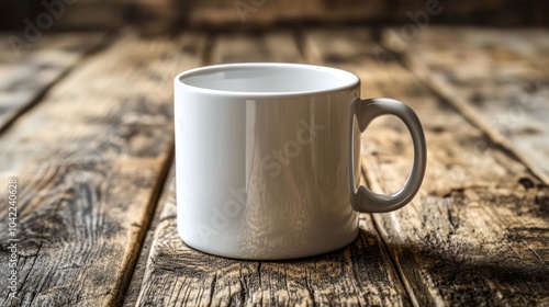 A simple white mug resting on a rustic wooden table in a cozy setting during ...