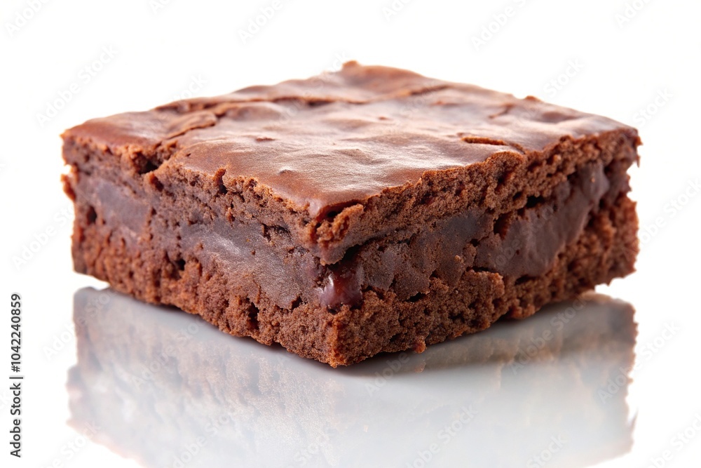 Reflected single delicious brownie square on plain white background Reflected single delicious brownie square on plain white background