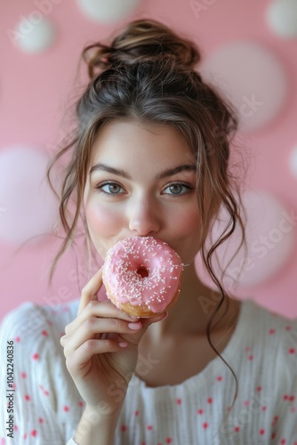 A young woman holds a pink donut in a cozy cafe decorated with pastel colors