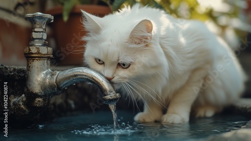 A curious white cat drinks water from a kitchen sink in a cozy home during da...