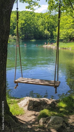 A serene swing overlooking a clear, tranquil lake surrounded by lush greenery...