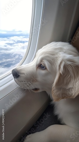 Puppy looking out of an airplane window during a flight over the countryside ...