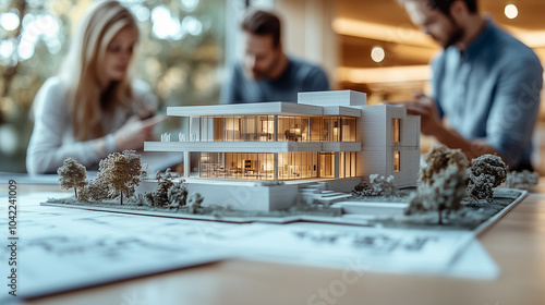 Close-Up of a Team of Architects Working on a House Model