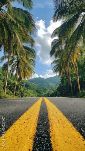 Scenic road lined with palm trees under a bright sky in a tropical location
