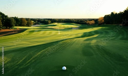 Tilt shot with early morning light: The camera starts with a close-up of a golf ball on the tee. It tilts up to reveal the golf course bathed in the soft, early morning light, highlighting the dew-cov