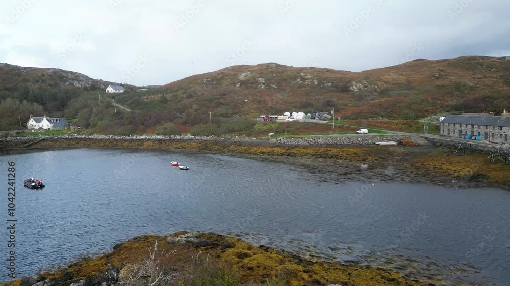 ships docked moored badcall bay located remote highlands scotland serene fishing vessels shielded by uk scenic nature landscape exploration journey outdoor beauty visuals videography ships docked moored badcall bay located remote highlands scotland serene fishing vessels shielded by uk scenic nature landscape exploration journey outdoor beauty visuals videography