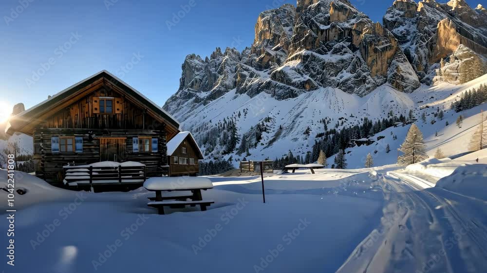 Cozy wooden cabin in snowy mountains during bright winter afternoon Cozy wooden cabin in snowy mountains during bright winter afternoon