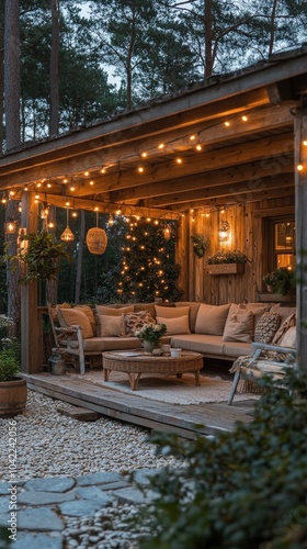 Cozy outdoor seating area with decorative lights in a rustic garden home duri...