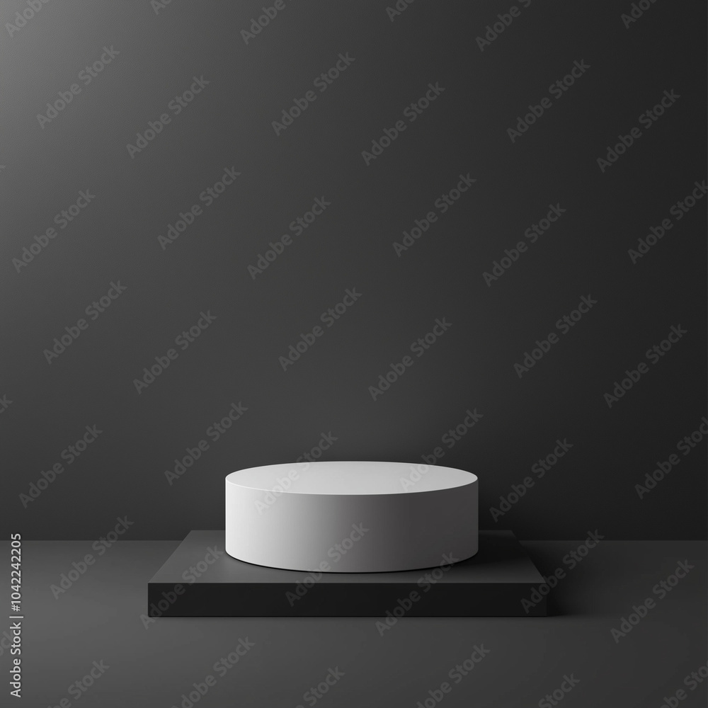 Empty stone podium on black backdrop, scene with copy space for your products presentation. Empty modern minimal concept mock up for cosmetic, skin care and other products advertising. Empty stone podium on black backdrop, scene with copy space for your products presentation. Empty modern minimal concept mock up for cosmetic, skin care and other products advertising.