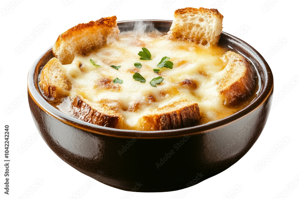 A delicious bowl of hot French onion soup topped with melted cheese and crunchy bread,Isolated on transparent background A delicious bowl of hot French onion soup topped with melted cheese and crunchy bread,Isolated on transparent background