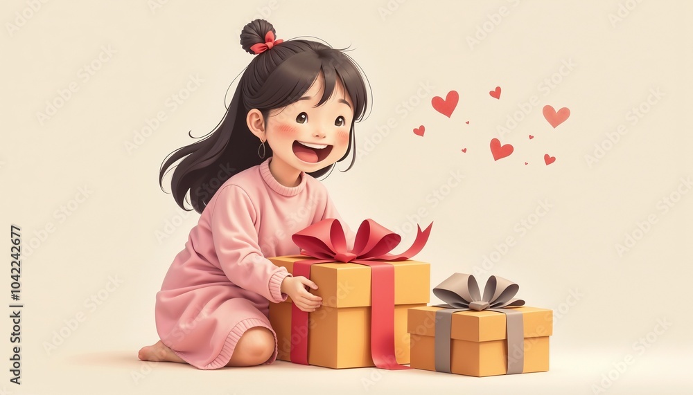 Cheerful child with excited expression opening gifts against beige background Cheerful child with excited expression opening gifts against beige background