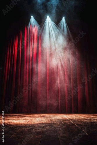 A dramatic spotlight illuminates a wooden stage with red curtains in a theate...