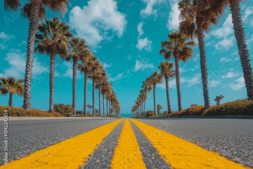 A tree lined road with palm trees under a bright blue sky during a sunny day