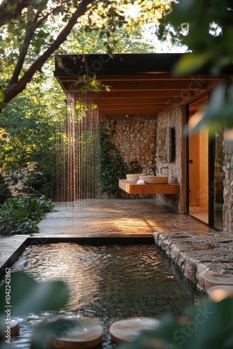 Tranquil outdoor oasis featuring natural stone architecture and a serene wate...