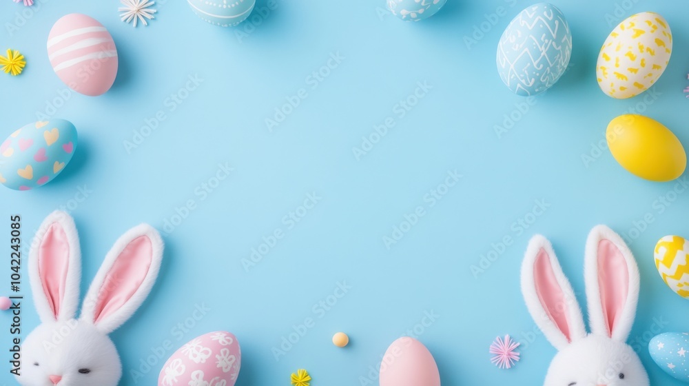 Easter party concept. Top view photo of easter bunny ears white pink blue and yellow eggs on isolated pastel blue background with copyspace in the middle Easter party concept. Top view photo of easter bunny ears white pink blue and yellow eggs on isolated pastel blue background with copyspace in the middle