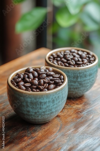Two ceramic cups filled with dark roasted coffee beans on a wooden table indoors