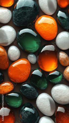 Colorful collection of polished stones showcasing various shapes and sizes on...