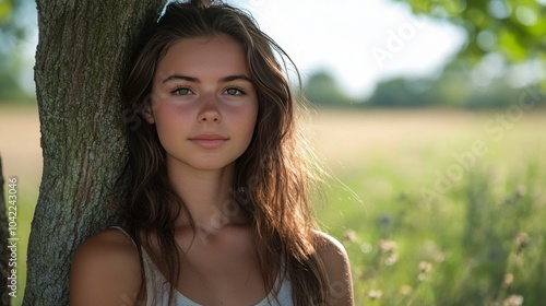 Young woman standing by a tree in a sunny meadow during a warm afternoon