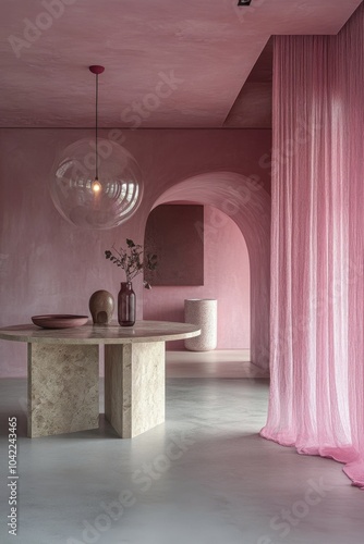 A modern pink interior featuring an elegant dining area with soft lighting in...