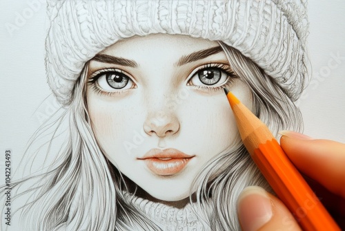 A detailed portrait of a woman with a winter hat and scarf being drawn with c...