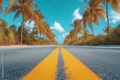A tree lined road with palm trees under a bright blue sky during a sunny day