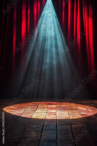 A dramatic spotlight illuminates a wooden stage with red curtains in a theate...