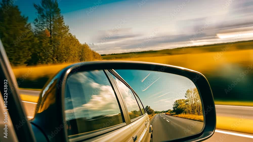 Driving along a scenic route with a reflection in the side mirror Driving along a scenic route with a reflection in the side mirror