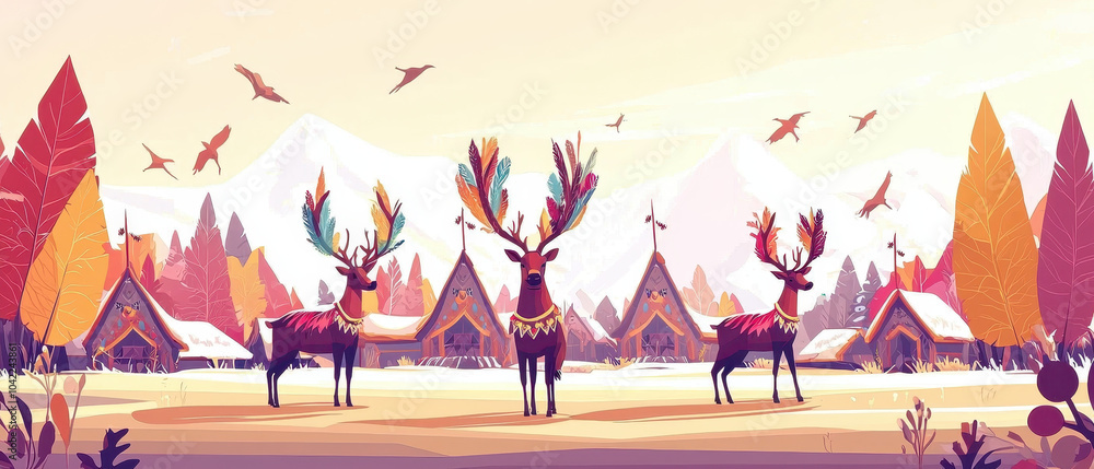 A serene winter landscape features colorful reindeer, charming huts, and distant mountains, creating a whimsical, nature-inspired scene. A serene winter landscape features colorful reindeer, charming huts, and distant mountains, creating a whimsical, nature-inspired scene.