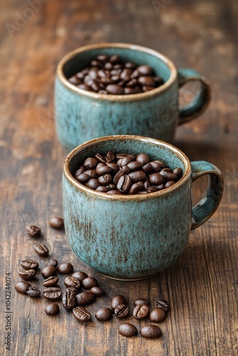 Two ceramic cups filled with dark roasted coffee beans on a wooden table indoors