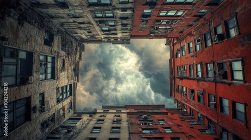 Looking up at a vibrant urban alleyway surrounded by historic buildings and c...