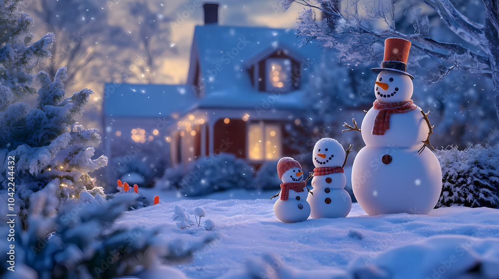 Obraz premium A snowman family having fun in a snowy yard 