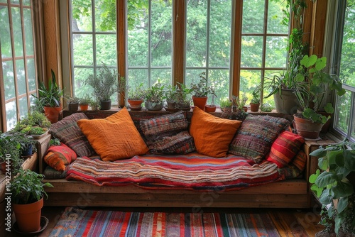 Cozy indoor space with plants and colorful cushions during daylight