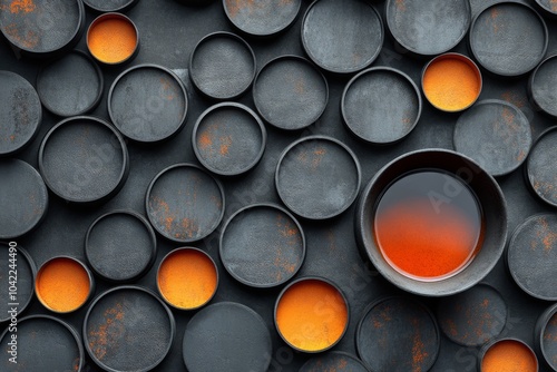 Aerial view of black and orange circular patterns with a bowl of liquid