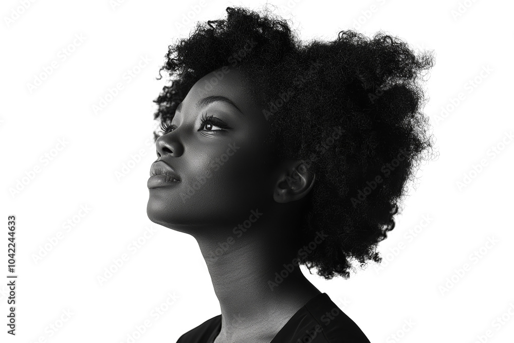 Portrait of woman with curly hair, showcasing elegance and strength, set against,Isolated on transparent background Portrait of woman with curly hair, showcasing elegance and strength, set against,Isolated on transparent background