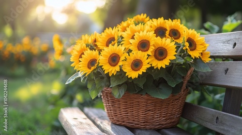 Vibrant sunflowers in a woven basket on a park bench during a sunny afternoon