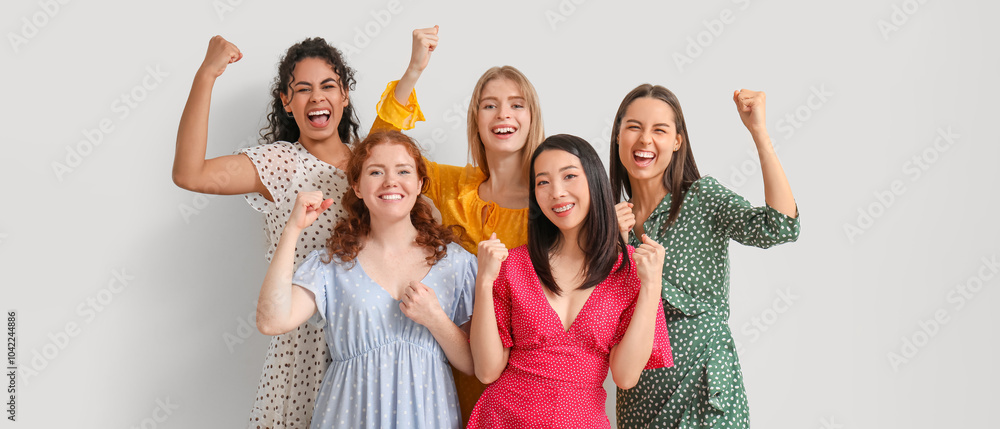 Naklejka premium Beautiful young happy women showing muscles on white background. Women history month