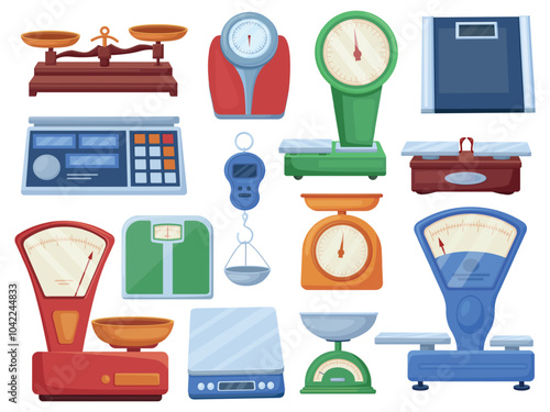 Cartoon scales. Household scale, equipment for kitchen stores home. Different isolated weighing systems for market, food and goods, nowaday vector set