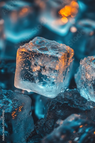 Sparkling ice cubes glisten under warm lighting in a dark setting