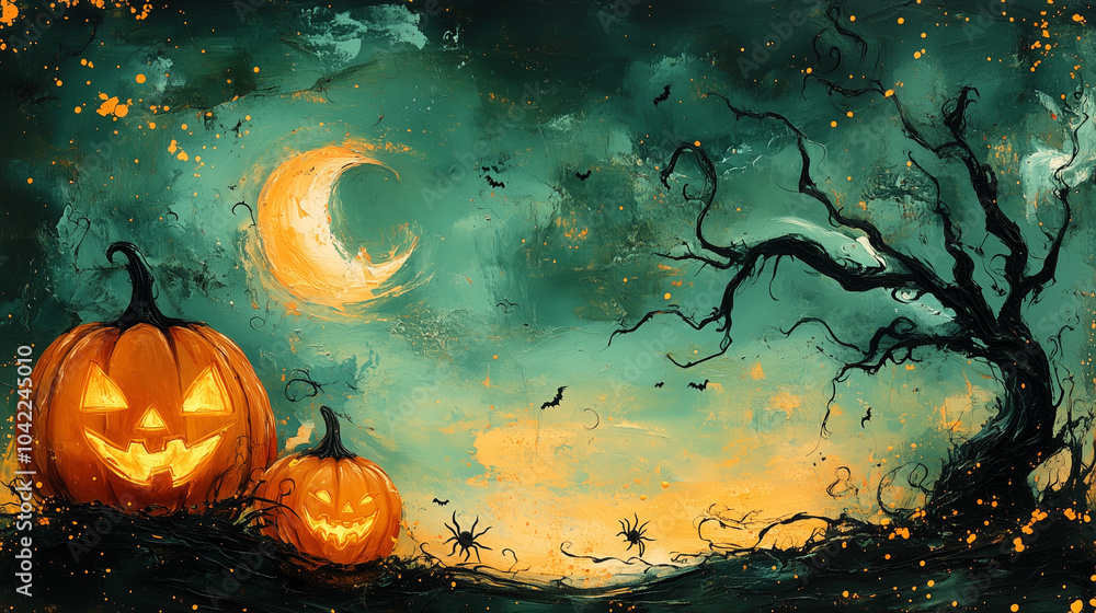 A vibrant green background featuring playful prints of pumpkins, witches, and spiders crawling around. A vibrant green background featuring playful prints of pumpkins, witches, and spiders crawling around.