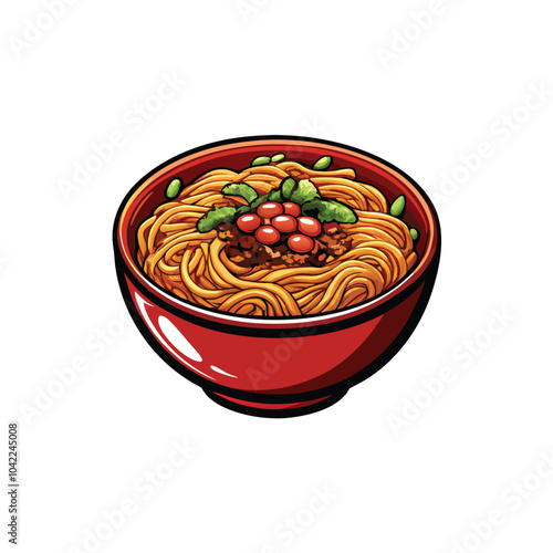 A realistic vector illustration of a bowl of dan dan noodles with meat, vegetables, and a spicy sauce.